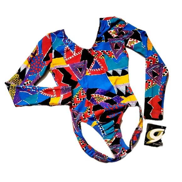GK Elite VTG 90s Pop Culture Geometric LS Cotton Leotard Bodysuit AXS Adult XS - Picture 10 of 11